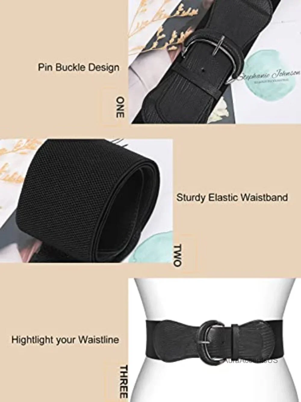 Wide Elastic Waist Belt Faux Leather Stretchy Waistband for Dresses 3 Pack